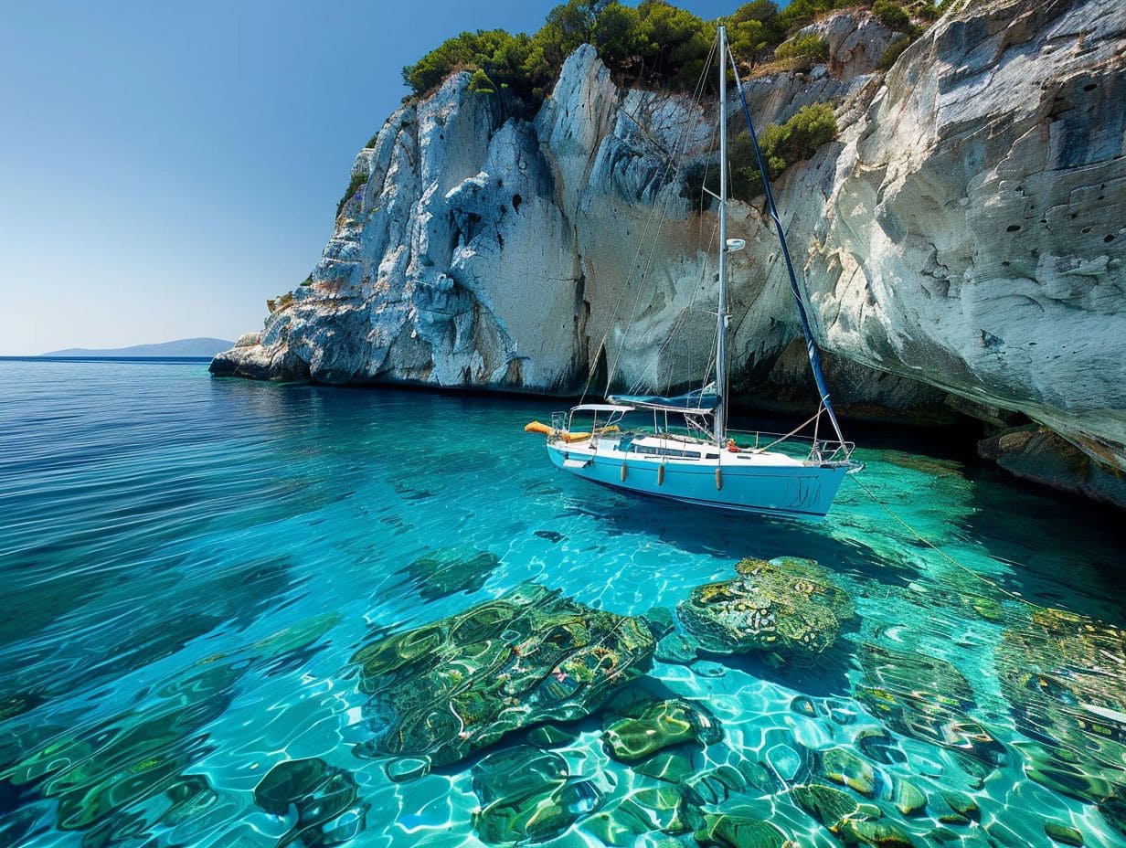 A sailboat floats on crystal-clear turquoise waters near a rocky cliff covered with trees. The seabed is visible through the transparent water, showcasing submerged rock formations. The clear sky and calm sea create a tranquil and picturesque scene perfect for Bareboat Charters.