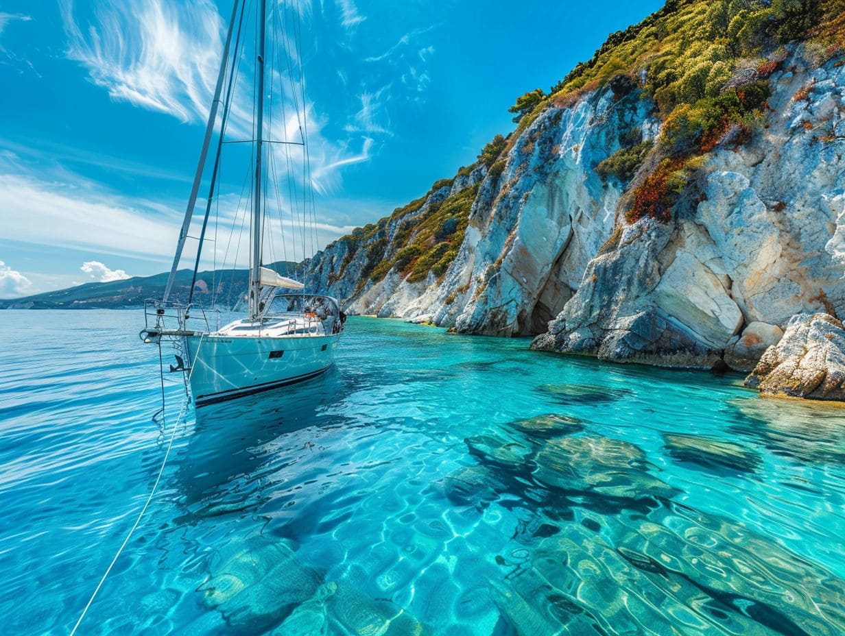 A sailboat from Bareboat Charters floats on crystal-clear turquoise waters near rocky cliffs covered with lush vegetation. The sky above is bright blue with some wispy clouds, creating a picturesque and serene coastal scene.
