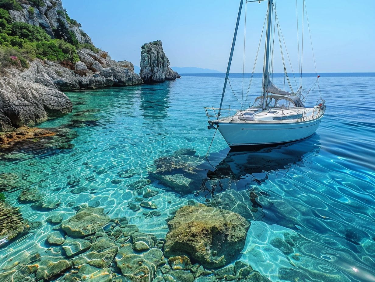 A tranquil scene of a sailboat anchored near a rugged coastline with crystal-clear turquoise waters, perfect for bareboat charters. Rocks are visible beneath the water, and the shoreline is lined with green foliage and rocky formations. The sky is clear and blue.