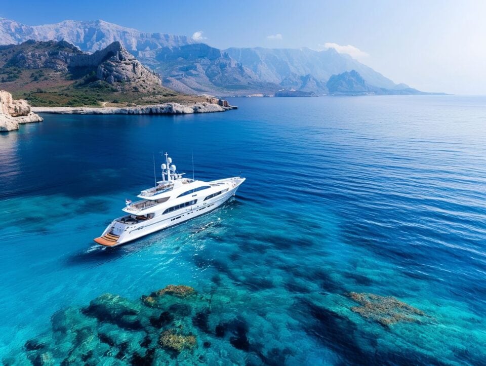 4S Sailing - A luxurious white yacht sails on the clear blue waters near a rocky coastline with green vegetation. In the background, towering mountains are set against a blue sky. The water is so transparent that underwater rocks are visible beneath the surface, perfect for private island excursions in the Greek islands.