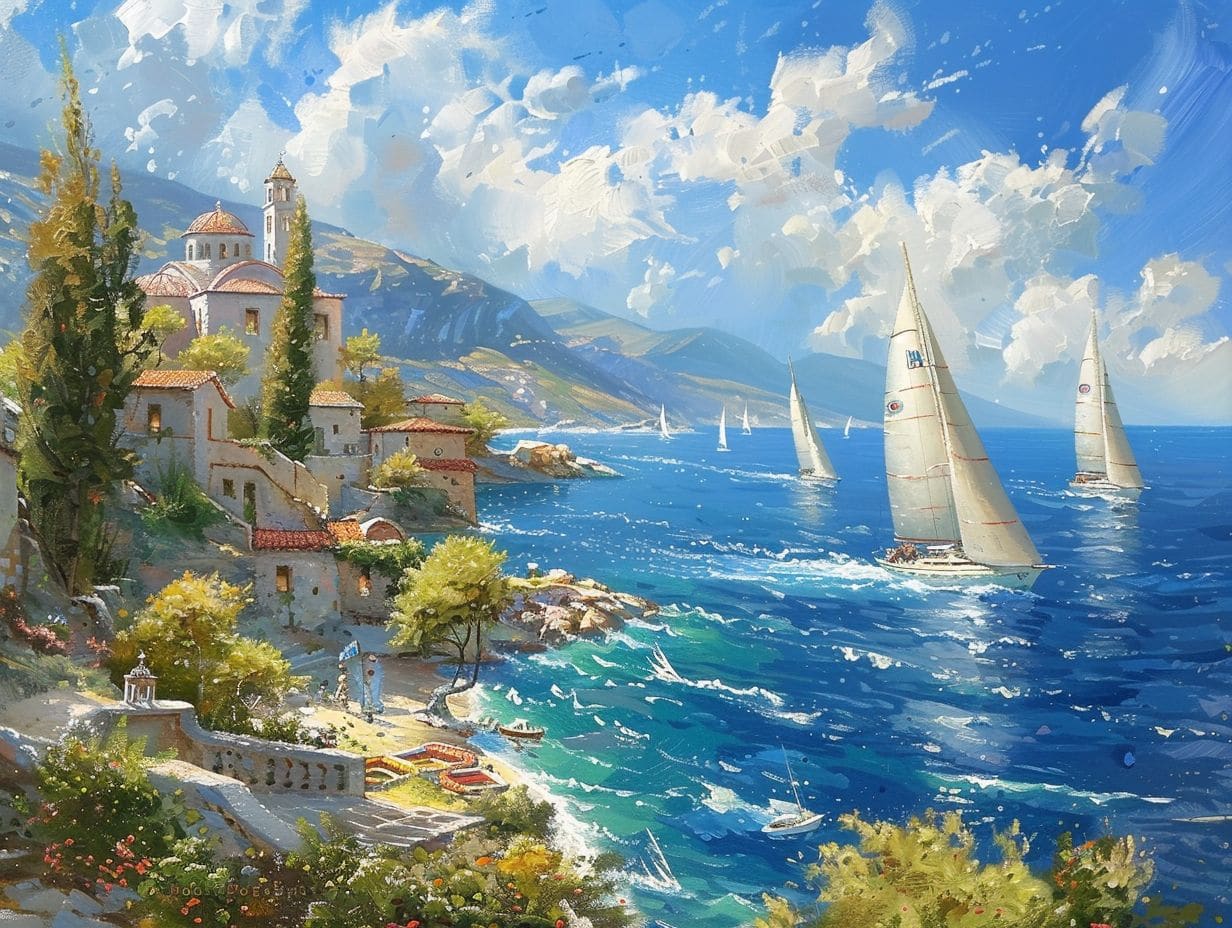A vibrant painting of a Mediterranean coastal village, featuring colorful houses with red-tiled roofs, a church, and lush greenery. The bright blue sea is dotted with white sailboats participating in sailing events and regattas under a partly cloudy sky, as people can be seen enjoying the scenic view.