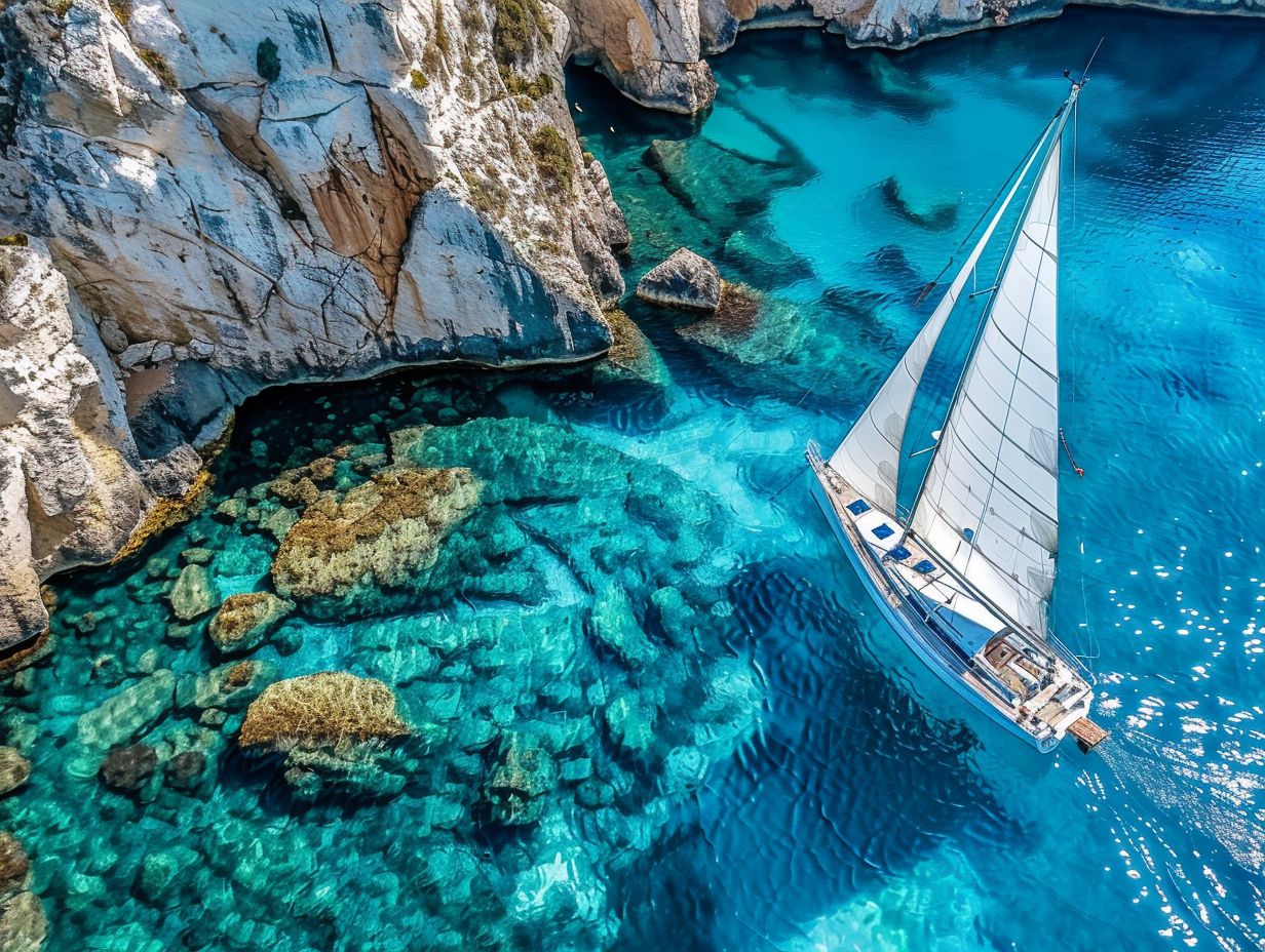 A sailboat with white sails glides through clear, turquoise waters near a rocky, white cliff. The water below reveals vibrant, submerged rock formations and a mix of greens, blues, and whites, suggesting a shallow seabed. Enjoy these views firsthand with our Luxury Sailing Packages under the clear and bright sky.