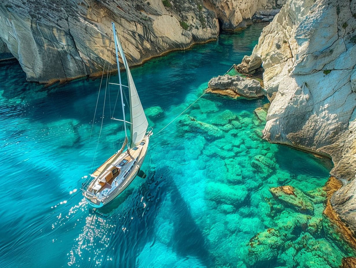 A sailboat is anchored in a pristine, blue-green lagoon surrounded by rocky cliffs. The water is crystal clear, revealing the underwater terrain and rocks. Sunlight illuminates the scene, highlighting the vibrant colors and serene beauty of the secluded cove — the perfect spot for any luxury sailing packages.