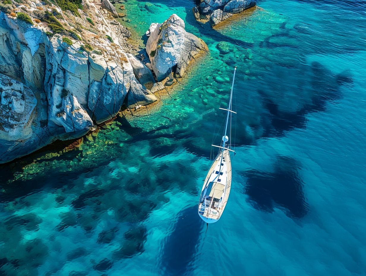 Aerial view of a sailboat anchored in clear, turquoise waters near rocky cliffs. The sea transitions from light to deep blue, indicating varying depths. The cliffs feature a mix of greenery and exposed rock, creating a picturesque coastal scene perfect for luxury sailing packages.