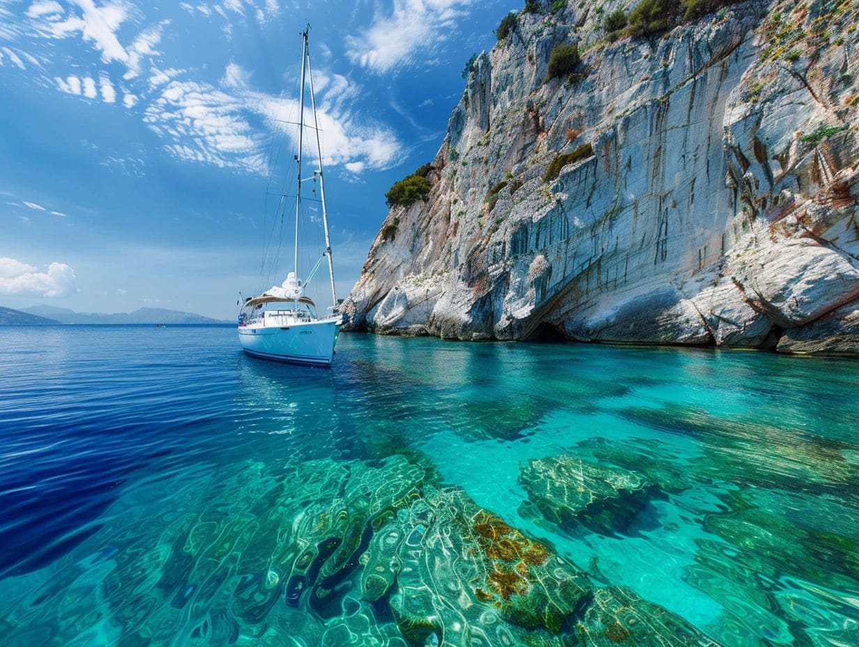 A sailboat is anchored in clear turquoise waters near a towering rocky cliff. The sky is bright with scattered clouds. Underwater rocks are visible through the transparent water, enhancing the serene and picturesque scene, perfect for luxury sailing packages.