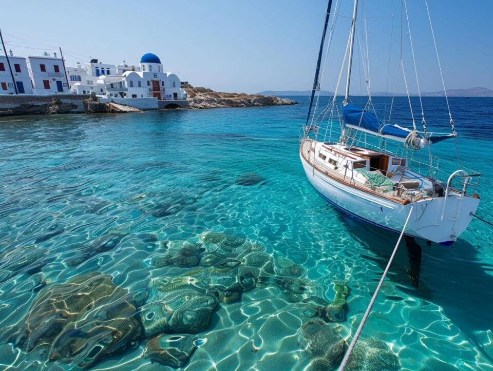 A serene scene of a sailboat moored in clear turquoise water near a coastal village with white buildings and blue domes awaits visitors on cultural tours via sailboat. The water reveals rocks and sea life below the surface, all under a clear sky with bright sunlight.