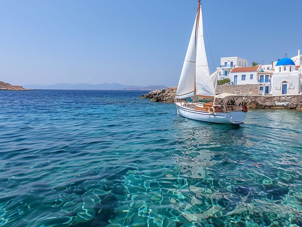 A sailboat glides on clear, turquoise waters near a rocky shoreline with white buildings under a blue sky. The water is so transparent that the seabed is visible. This picturesque setting, perfect for cultural tours via sailboat, evokes a sense of tranquility and beauty by the sea.