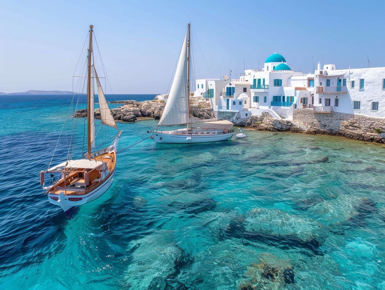 Two sailboats float on the clear, turquoise waters near a rocky coastline. In the background, whitewashed buildings with blue domes and accents reflect the classic Greek island architecture. The sky is clear and blue, completing the serene, picturesque scene—perfect for cultural tours via sailboat.