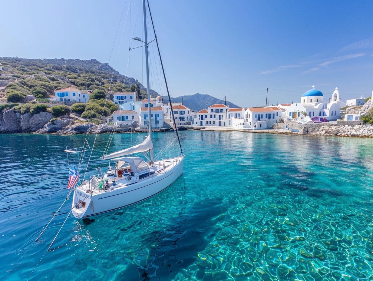 A serene coastal village with white buildings and a domed church by the water. A sailboat for cultural tours floats on the clear blue sea in the foreground, reflecting the vibrant blues of the sky and water. Hills with greenery rise in the background.