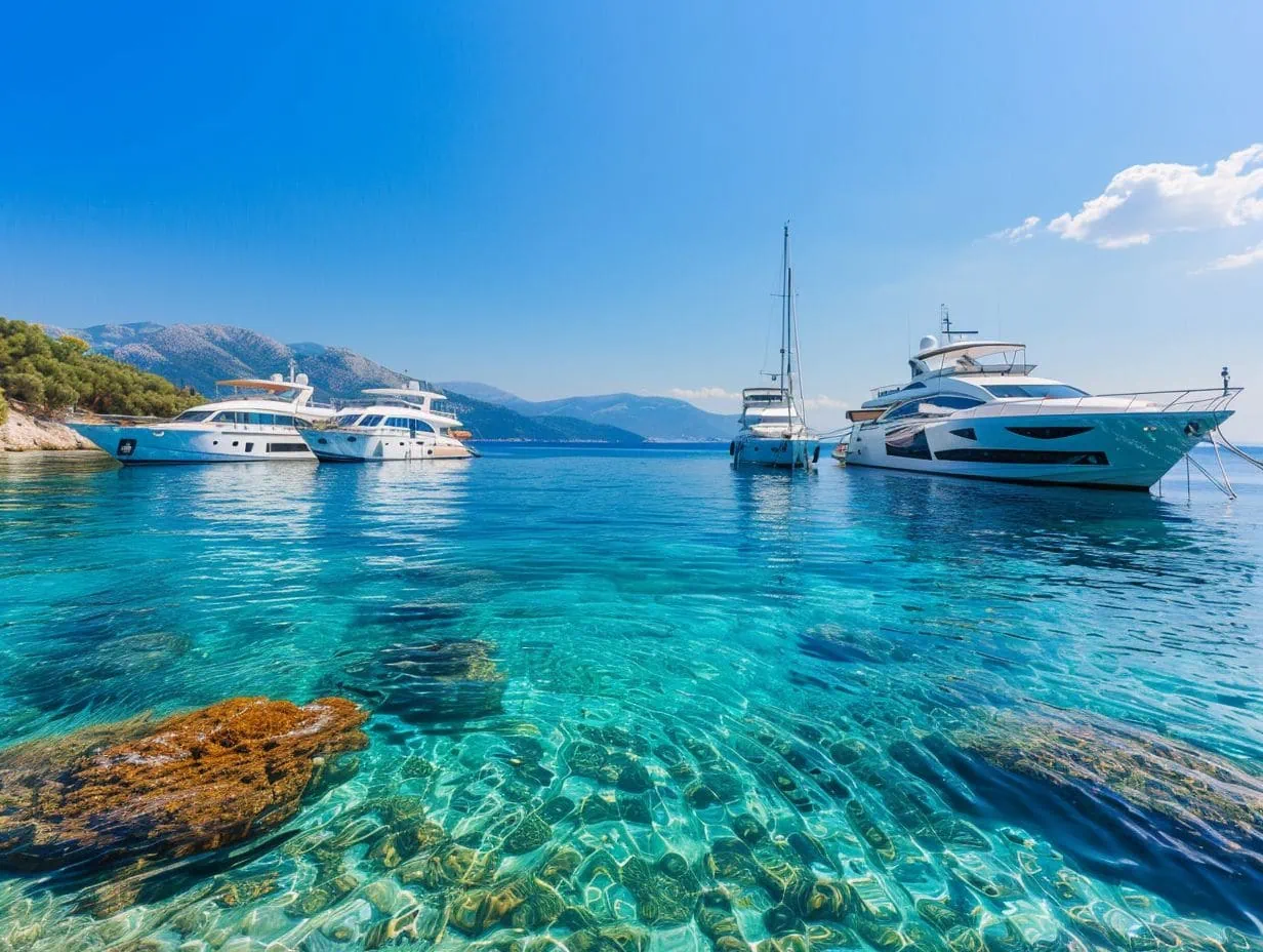 A scenic view of a clear blue sea with several types of luxury yachts anchored near the shore. The water is so transparent that the rocks and sea bottom are visible. In the background, there are distant mountains under a clear blue sky with a few scattered clouds.
