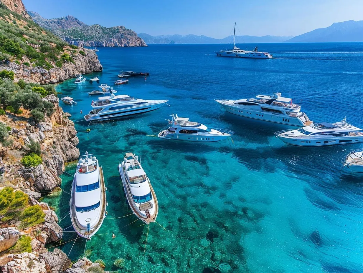 A scenic view of a coastal area with turquoise-blue waters, several types of luxury yachts anchored, and steep, rocky cliffs. Vegetation thrives on the rocky terrain, and in the distance, there are mountains under a clear, blue sky.