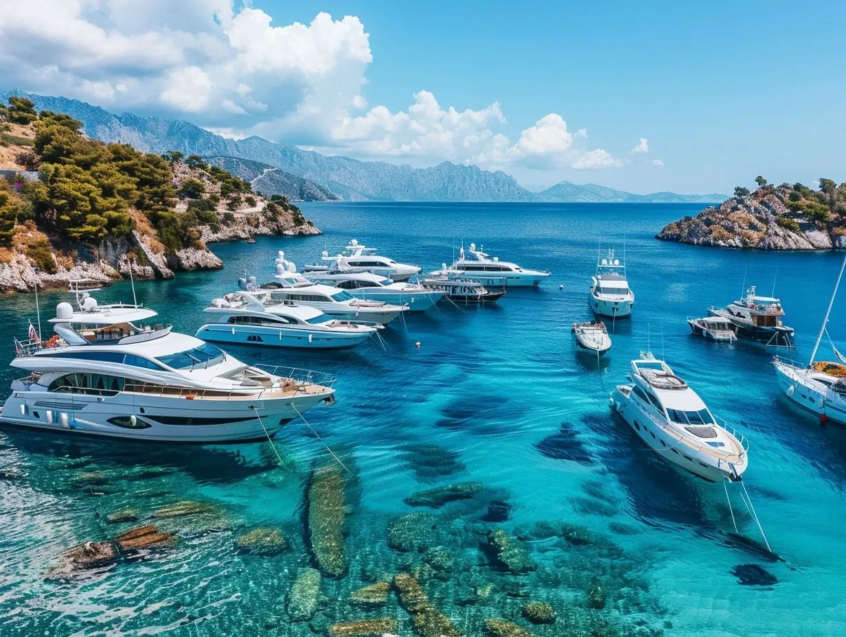 A scenic coastal view featuring various types of luxury yachts and smaller boats anchored in clear turquoise waters. The shore is lined with lush green trees and cliffs, while distant mountains and a partly cloudy sky provide a stunning backdrop.