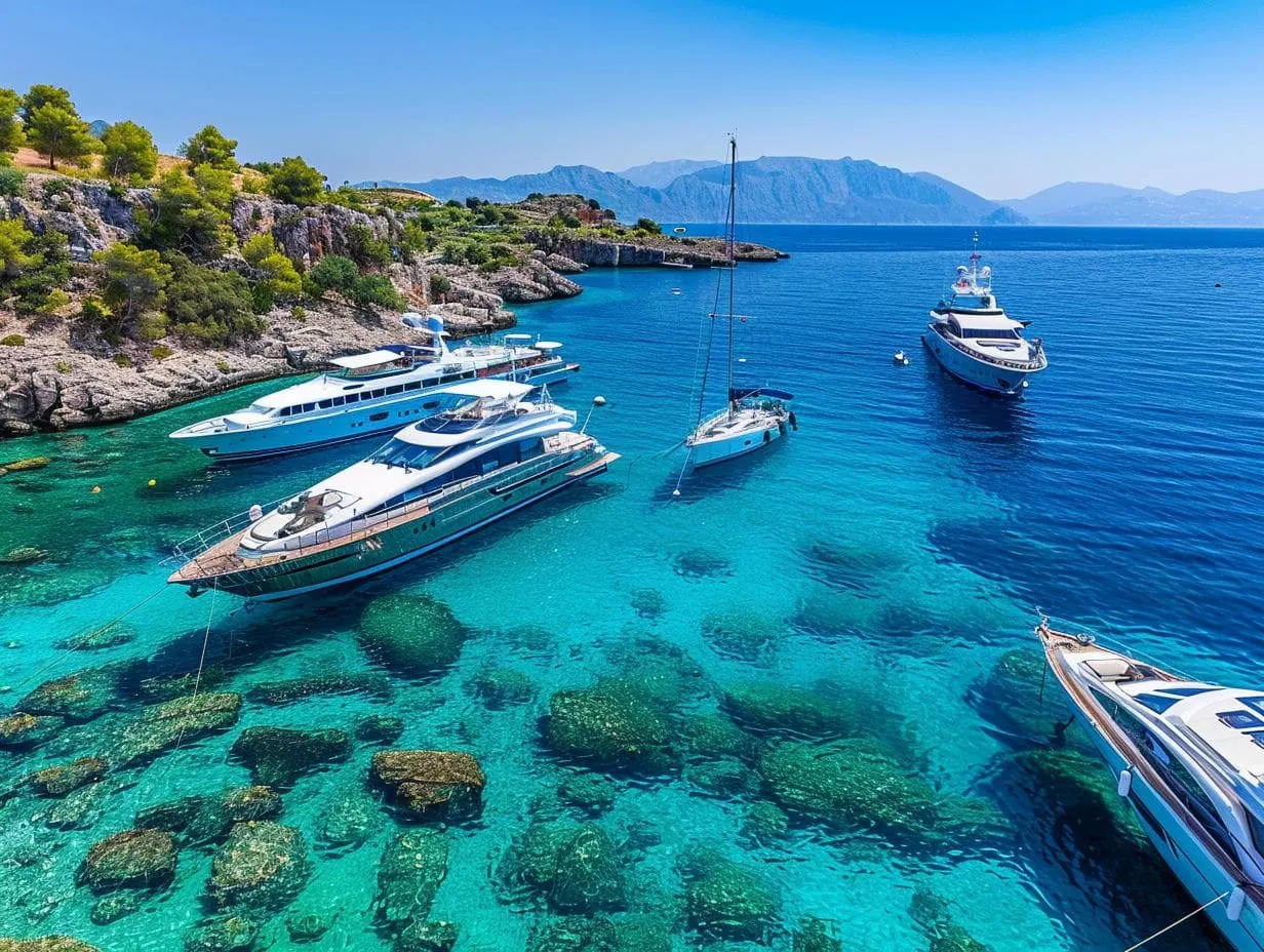 A picturesque coastal scene featuring various types of luxury yachts and sailboats moored in stunning turquoise waters. The clear water reveals rocks and marine life beneath the surface. Lush green hills and distant mountains provide a scenic backdrop under a clear blue sky.