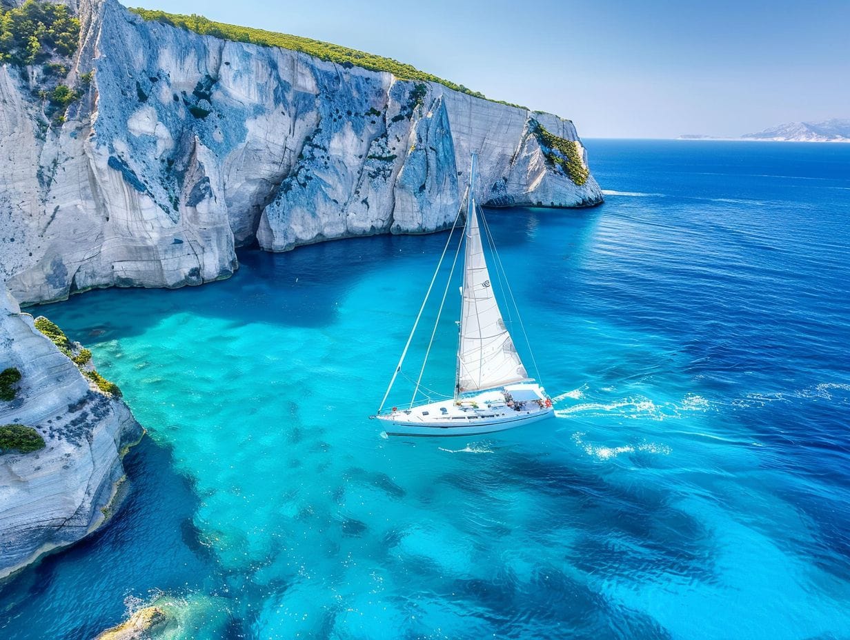 A sailboat skillfully navigates through clear turquoise waters near towering white cliffs, ensuring safety amidst the serene landscape. The cliffs are covered with greenery at the top and the sky above is clear and blue. The vibrant seascape is tranquil and inviting.