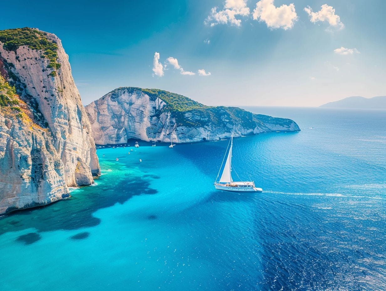 A sailboat glides on crystal-clear turquoise waters near towering white cliffs and lush green hills under a bright blue sky. With careful navigation, this serene seascape features a stunning coastal terrain and a few other distant boats, creating a picturesque and tranquil scene that prioritizes safety.