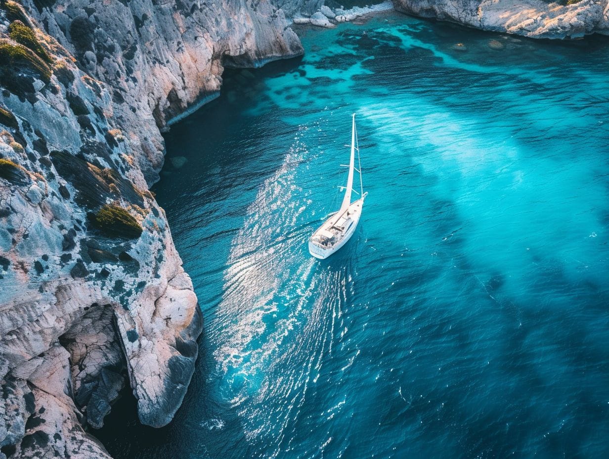 A white sailboat, equipped with the latest safety and navigation gear, glides through vibrant turquoise waters near a rocky coastline with cliffs and sea caves. The clear sky and bright sunlight enhance the serene, picturesque seascape.