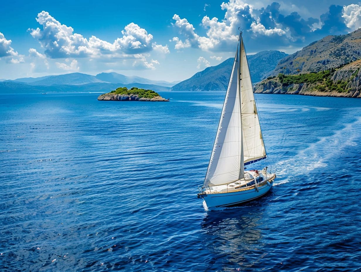 A white sailboat glides through clear blue water on a sunny day, leaving a trail behind. Prioritizing safety and navigation, the boat sails toward a small green island in the distance, surrounded by mountainous terrain and under a partly cloudy, blue sky.