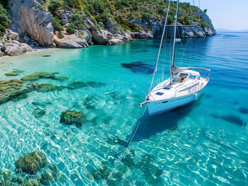 A white sailboat, mastering advanced sailing techniques, is anchored in a clear, turquoise bay surrounded by rocky cliffs and lush, green vegetation. The water is so clear that you can see the rock formations beneath the surface. The sky is bright blue, and the scenery is calm and serene.