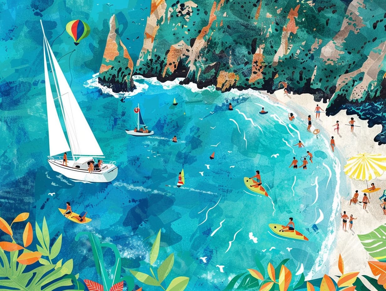 Illustration of a vibrant beach scene with people sunbathing, swimming, and participating in various watersports and activities. A sailboat and windsurfers are in the water, while people enjoy the beach and ocean near rocky cliffs and foliage.