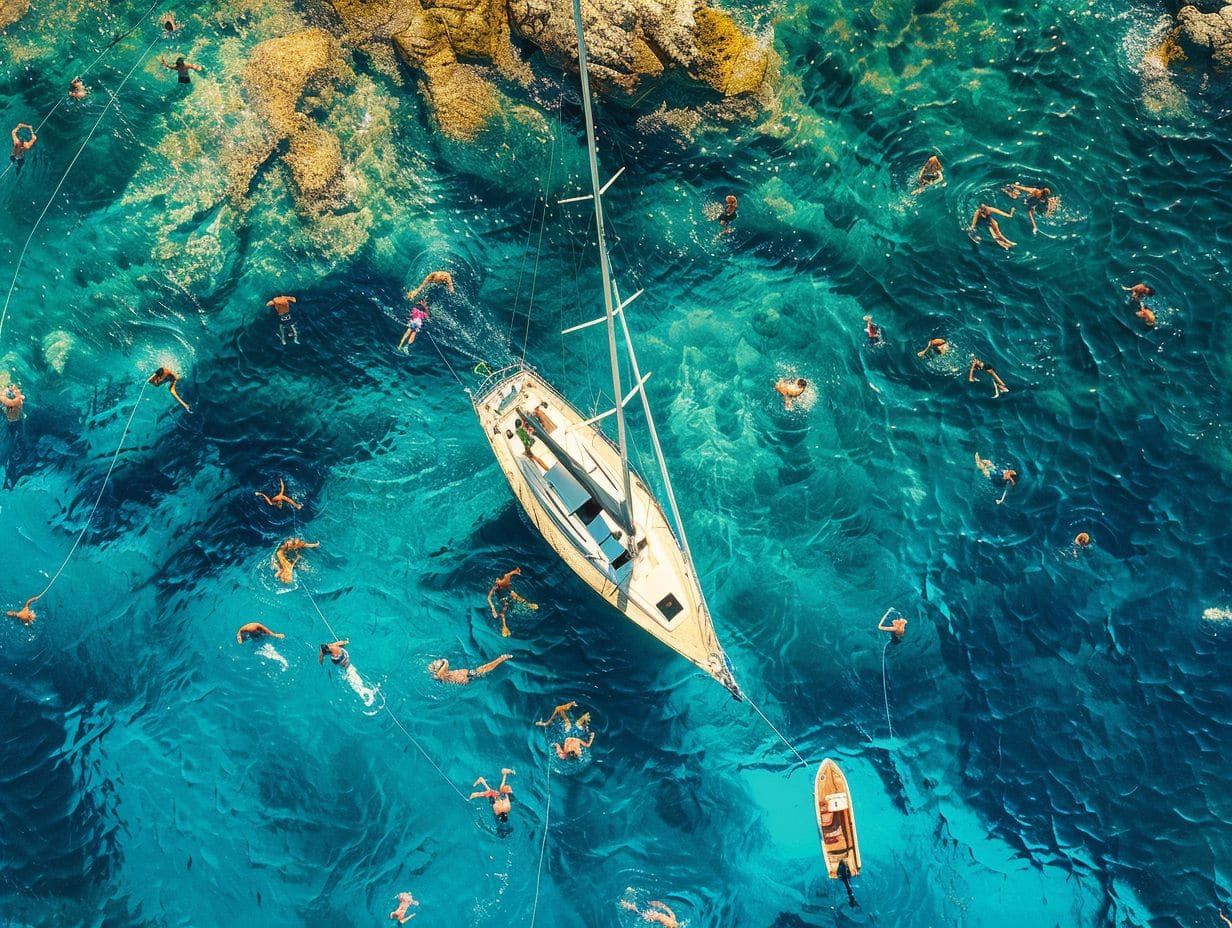 An aerial view of a sailboat anchored in crystal-clear turquoise waters near a rocky shore. Numerous swimmers, indulging in various watersports and activities, are scattered around the boat, enjoying the water. A small dinghy is tied to the sailboat, and the scene is vibrant and lively.