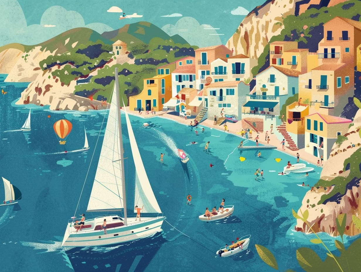 An illustration of a lively coastal village with colorful buildings on a hillside. People are swimming, sailing, and enjoying watersports and beach activities in the turquoise waters. Boats and a hot air balloon are seen in the sky, contributing to the bustling, vibrant scene.