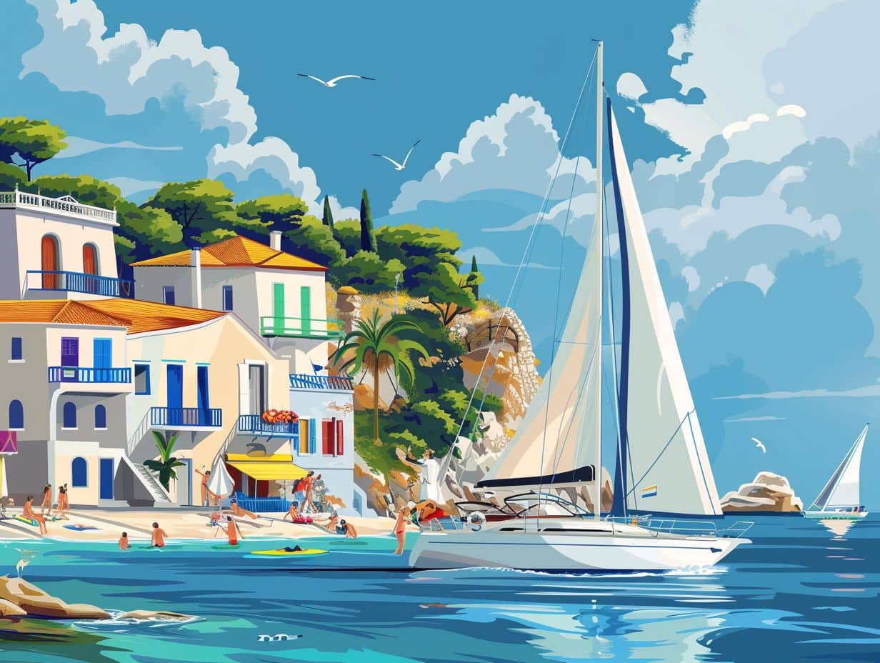 A vibrant seaside scene showcases a colorful coastal village with houses perched on a hillside. People enjoy the sunny beach and partake in various watersports and activities, while sailboats glide across the blue water. Seagulls soar above, and lush greenery complements the picturesque setting.