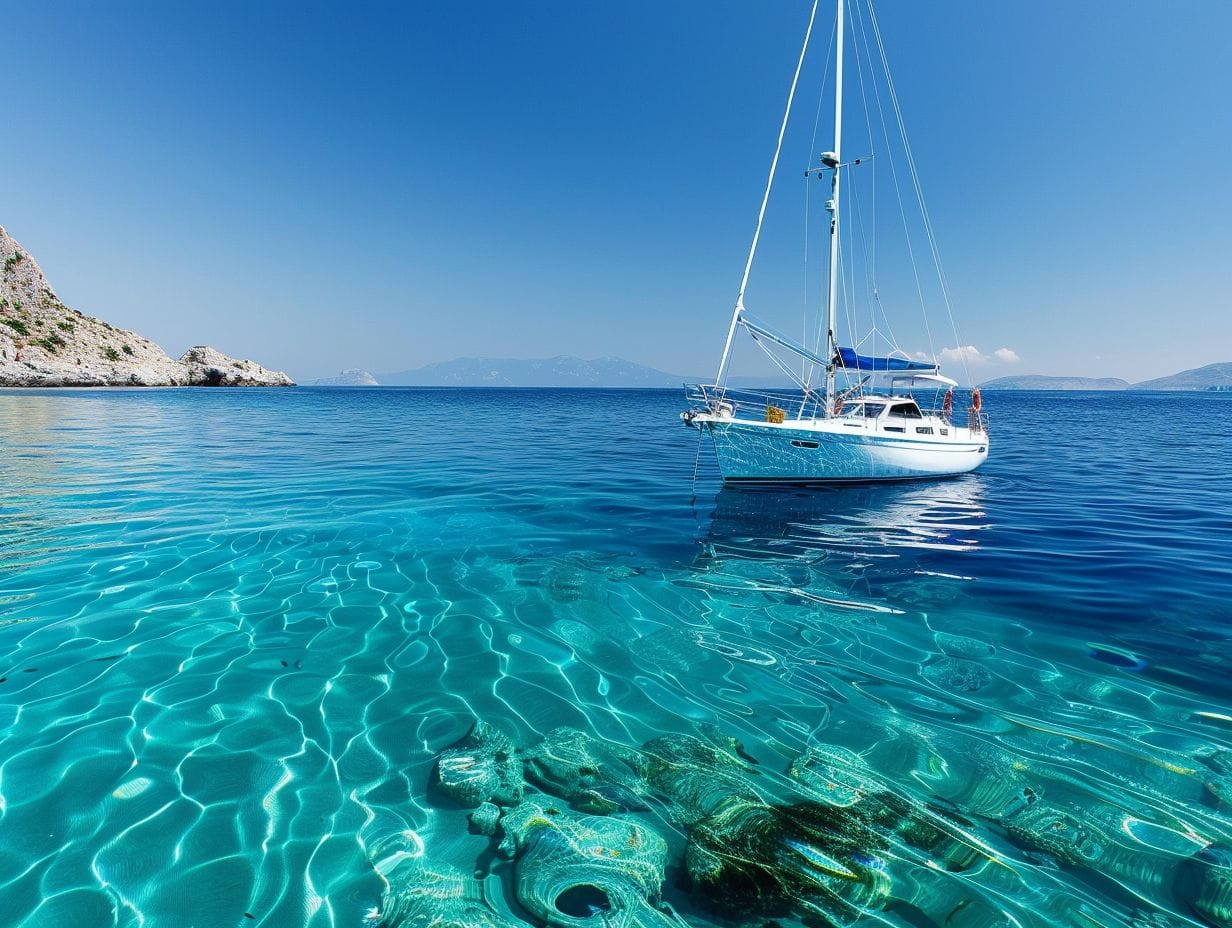 A sailboat floats on crystal-clear turquoise water near a rocky shoreline under a bright blue sky. The bottom of the sea is visible through the transparent water, revealing rocks and underwater textures. Distant mountains are faintly visible on the horizon—and it's no wonder this spot gets rave reviews and recommendations for sailing.
