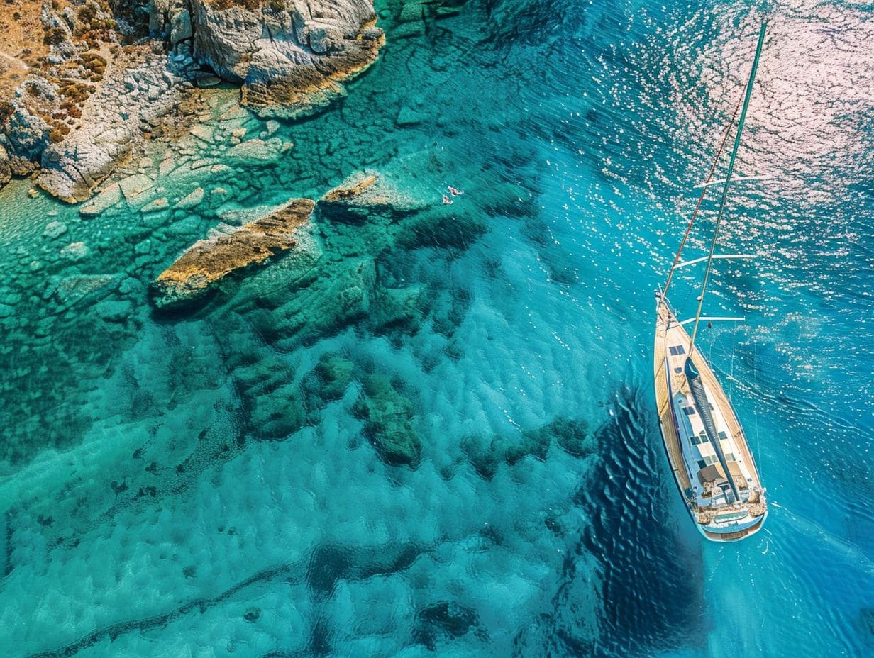 Aerial view of a sailboat anchored in vibrant turquoise waters along a rocky coastline. The clear water reveals underwater rock formations. The scenery is serene with one person swimming near the boat, capturing the tranquil experience often praised in reviews and recommendations for sailing.