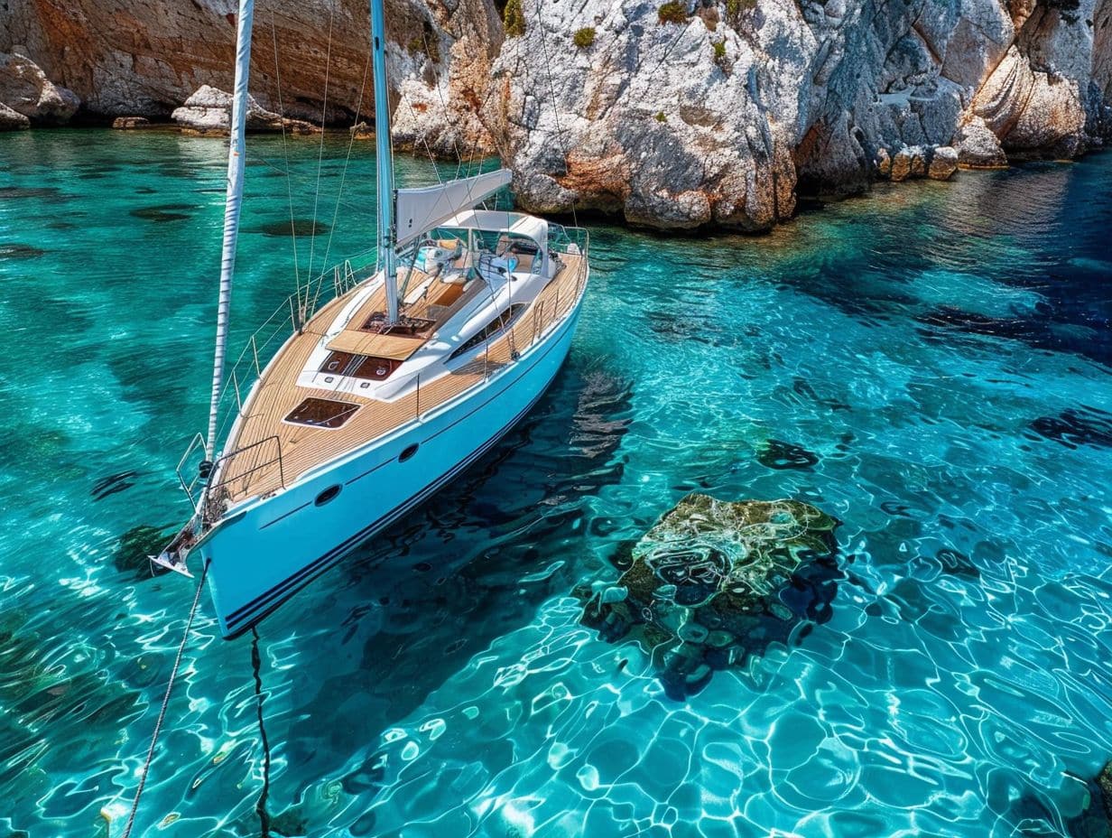 A white sailboat is anchored in crystal-clear turquoise waters near rocky cliffs. The sunlight casts intricate patterns on the sea floor, illuminating the boat's reflection. This idyllic scene has received glowing reviews and recommendations for sailing enthusiasts seeking tranquility and natural beauty.