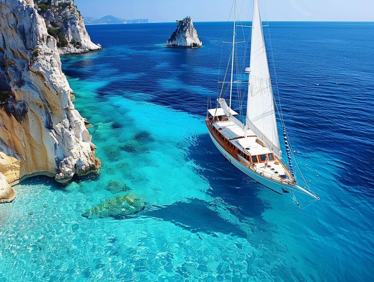 A sailboat with white sails is anchored in clear turquoise waters near towering rocky cliffs. The bright blue sky and distant islands are visible in the background, creating a serene and picturesque seascape, perfect for those seeking reviews and recommendations for sailing adventures.